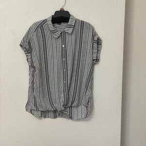 Sanctuary Striped Blue Green Cuff Sleeved Tie Off Button Down Shirt Size Large